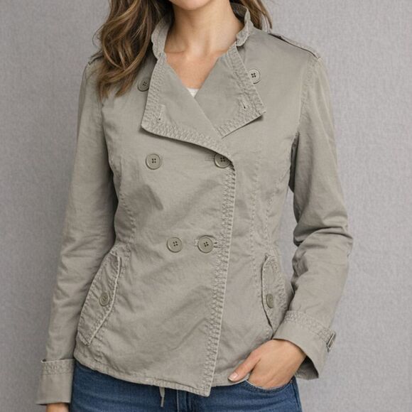 Banana Republic Khaki Trench Jacket Women Size 12 Cotton Double Breasted - Picture 2 of 15